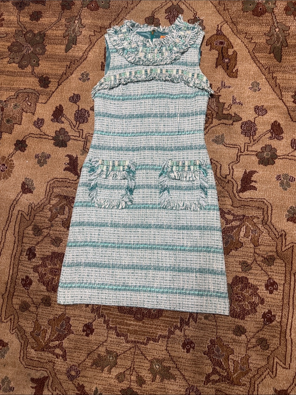 Tory Burch blue teal shift fringe dress with bead detailing 6